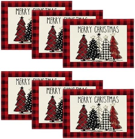 Artoid Mode Red and Black Buffalo Plaid Christmas Trees Placemats Set of 6 by ArtoidMode