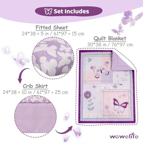 Mini Crib Bedding Set for Girls, 3 Pieces Floral Butterfly Baby Girl Bedding Set - Image 4