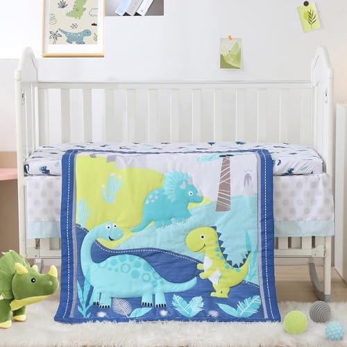 Dinosaur Mini Crib Bedding Set for Boys Blue Premium 3-Piece Baby Bedding Sheet - Image 2