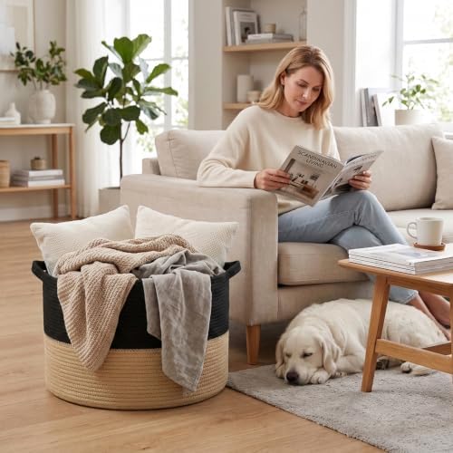 65L Large Blanket Basket, Woven Laundry Basket-Black&Camel - Image 4