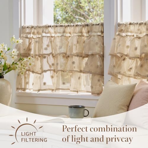 jinchan Ruffled Kitchen Valance Pom-Pom Sheer 1 Panel 18 Inch Beige - Image 7