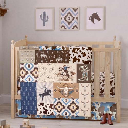 Peryiter 3 Pcs Blue Western Cowboy Crib Sheet Set Baby Crib Bedding Set by Peryiter