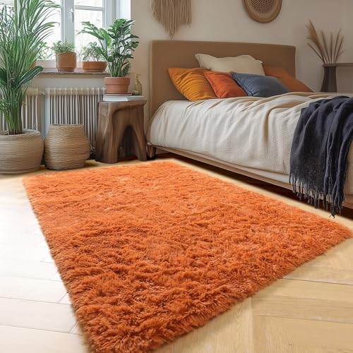 Amdrebio Burnt Orange Shag Furry Area Rug 5x8 - Image 3