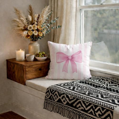 Blush Bow Decorative Throw Pillow 18x18 Inch – Cute Blush Pink Striped Pillow - Image 6