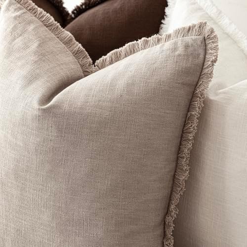 Foindtower Decorative Linen Fringe Throw Pillow Covers 24×24 Natural Linen - Image 5