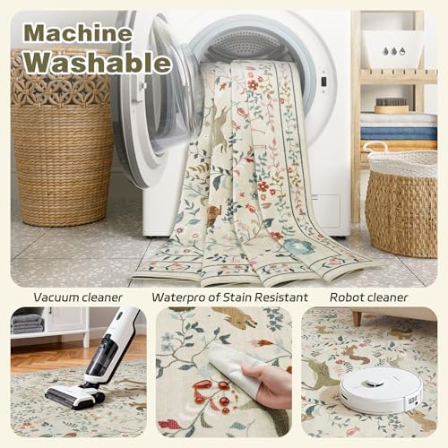 Runner Rug Washable Runners Kitchen Rugs Non Slip Neutral Floral Carpet - Image 4