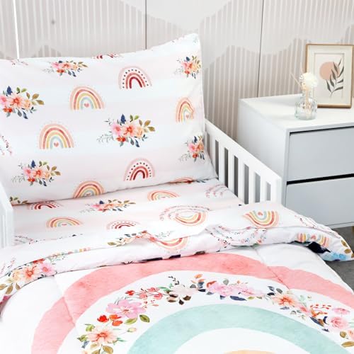 Toddler Bedding Sets for Girls, Rainbow Toddler Crib Bedding Set 4 Piece Pink - Image 4