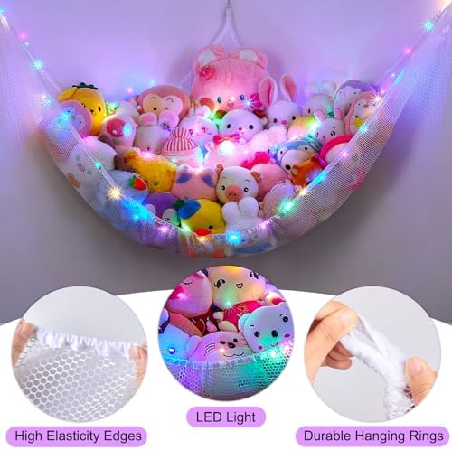 Stuffed Animals Hammock with LED Light Toy Net Room Decor Corner Storage - Image 5