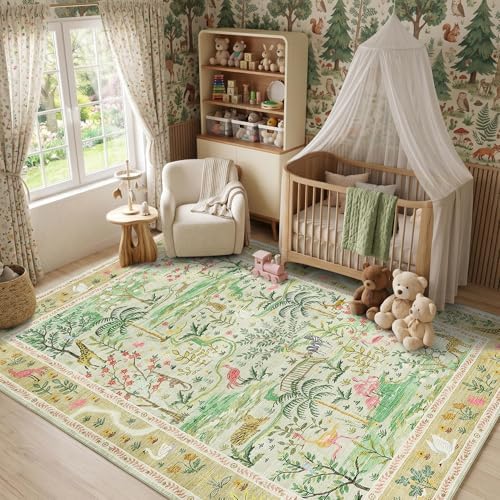 Washable Area Rug 5x7 Green Animal Print Rugs by Garvee