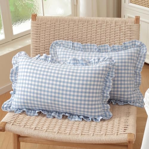 Set of 2 Light Blue Ruffled Lumbar Pillow Covers 12x20 Inch, Gingham Plaid Blue by HOSTECCO