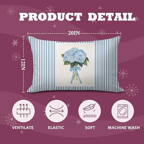 Blue Hydrangea Floral 12x20 Pillow Cover, Preppy Girly Hydrangea Flower Striped - Image 2