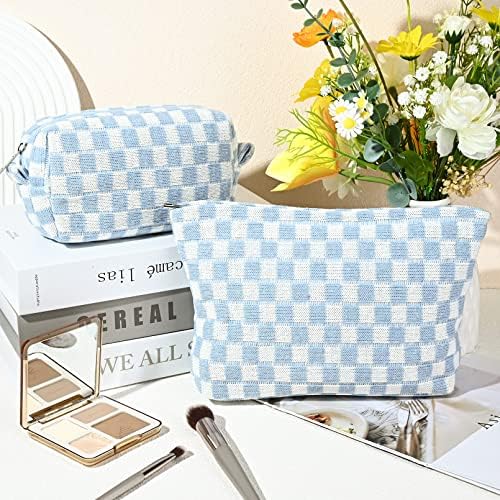SOIDRAM 2 Pieces Makeup Bag Large Checkered Cosmetic Bag Capacity Canvas Mix - Image 2