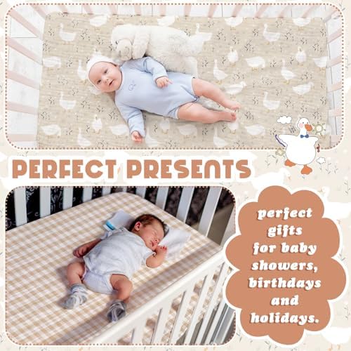 Breling 2 Pcs Muslin Silly Goose and Khaki Gingham Crib Sheets - Image 4