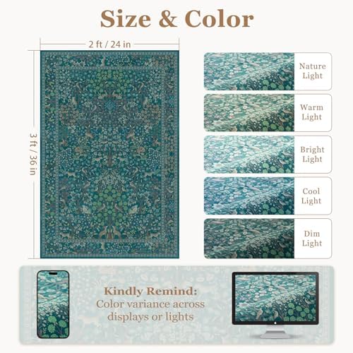 Teal Woodland Animal 2x3 Small Rug Washable Non Slip, Low Pile Thin Kitchen - Image 2