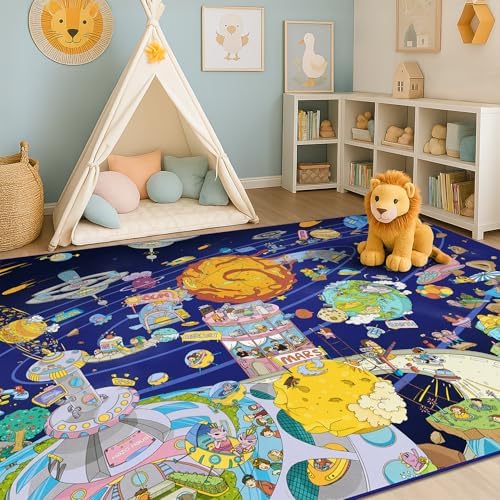 Outer Space Adventure 5x7 Kids Rug – Vibrant Galaxy Scene by HazoHaus