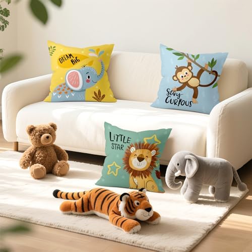 18x18 Set of 4 Kids Cartoon Animals Throw Pillow Cushion Covers - Image 3
