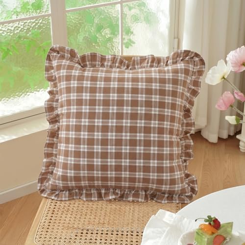 Set of 2 Ruffle Plaid Pillow Covers 18x18 Inch Cotton Brown and White Checkered - Image 2