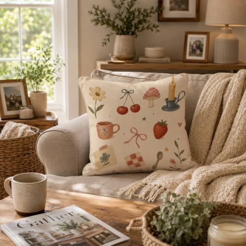 Vintage Coquette Cherry Bow Throw Pillow Cover 18x18 - Image 5