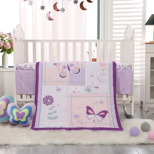 Mini Crib Bedding Set for Girls, 3 Pieces Floral Butterfly Baby Girl Bedding Set - Image 2