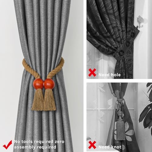 NICEEC 4 Pack Wooden Ball Magnetic Curtain Tiebacks Boho Home Decor Drape Tie - Image 2