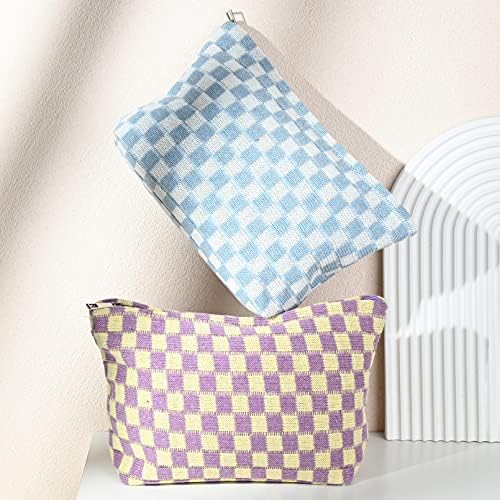 SOIDRAM 2 Pieces Makeup Bag Large Checkered Cosmetic Bag Capacity Canvas Travel - Image 5