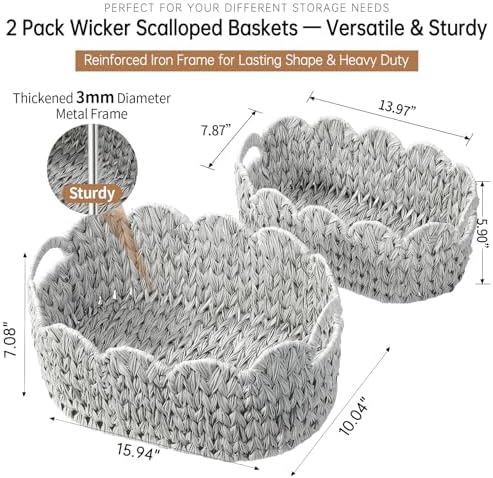 Coeusy Wicker Scalloped Basket Set of 2, Woven Storage Baskets - Image 3
