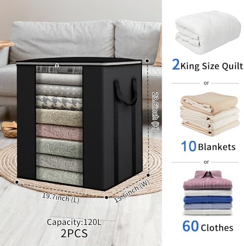 Blanket Storage Bags 120L for Comforter Clothes Bedding 2 Pack Black - Image 2