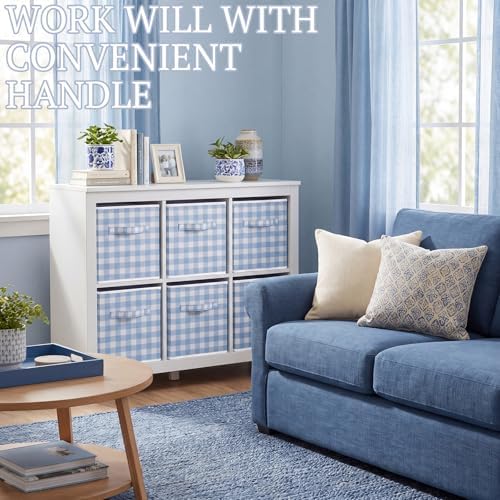 Yalikop 6 Pcs Blue Gingham Cube Storage Bins, 11 Inch Fabric Checkered - Image 6