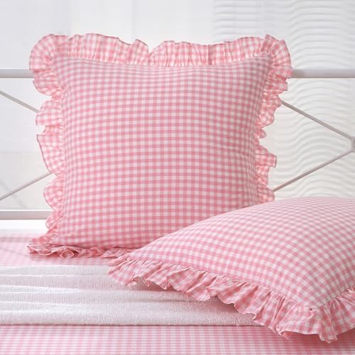 2 Pack Coral Pink Gingham Ruffle Throw Pillow Covers 22''x22'' by KMASANIJI