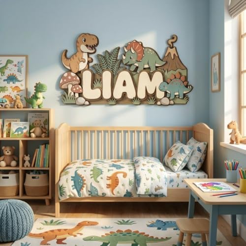 Personalized Dinosaur Name Sign, Custom Baby Nursery Wall Decor, Cartoon Dino - Image 4