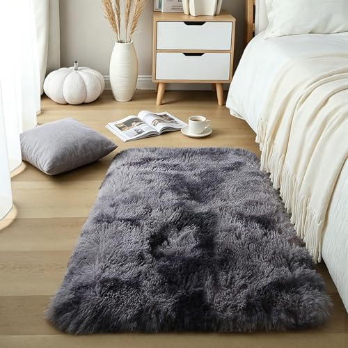 Tie-Dye Dark Grey Shag Rug, Washable Non Slip Fluffy Kids Carpet by KICHOWUA