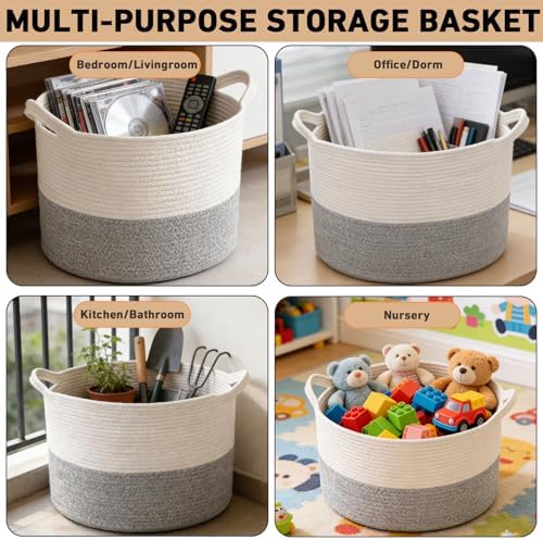 115L Extra Large Blanket Basket, Woven Laundry Basket-White&Grey - Image 5