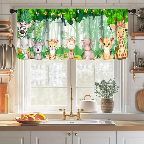 Woodland Nursery Window Valance, Cartoon Jungle Lion Elephant Retro Safari - Image 3