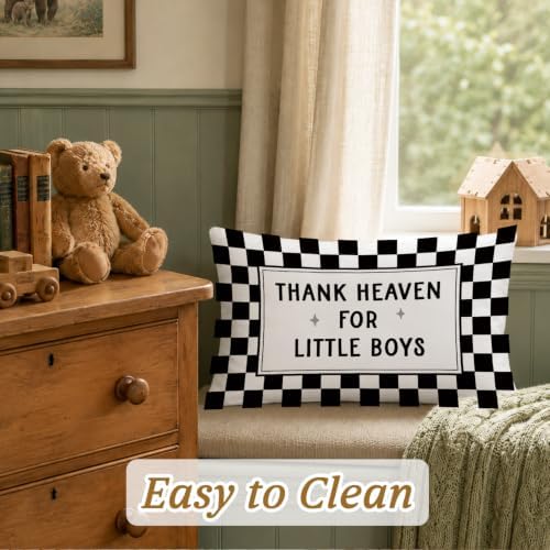 Thank Heaven for Little Boys 12x20 Pillow Cover Black and White Checkered Boys - Image 3