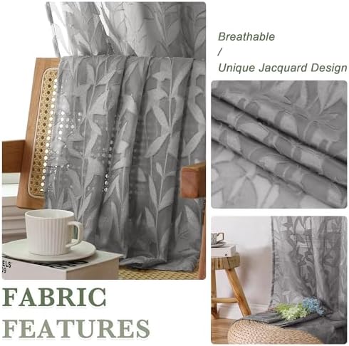 Lecloud Leia 36 Inch Charcoal Grey Sheer Curtains Tiers 2 Panels, Clip Textured - Image 3
