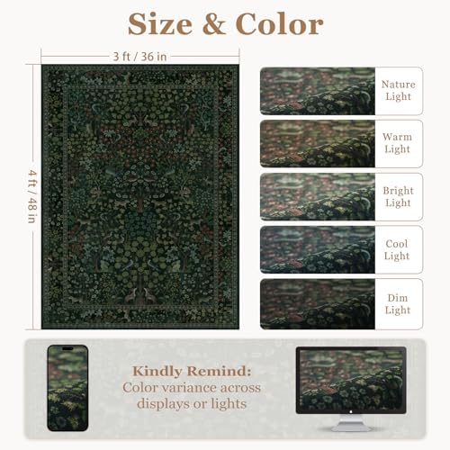 Dark Green Small Area Rugs 3x4, Whimsical Woodland Floral Animal Print Entryway - Image 2