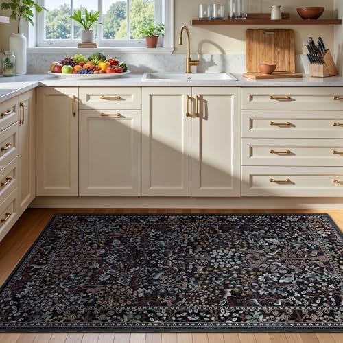 Midnight Blue 3x5 Entryway Rugs, Vintage Boho Floral Animal Print Throw Rugs - Image 3