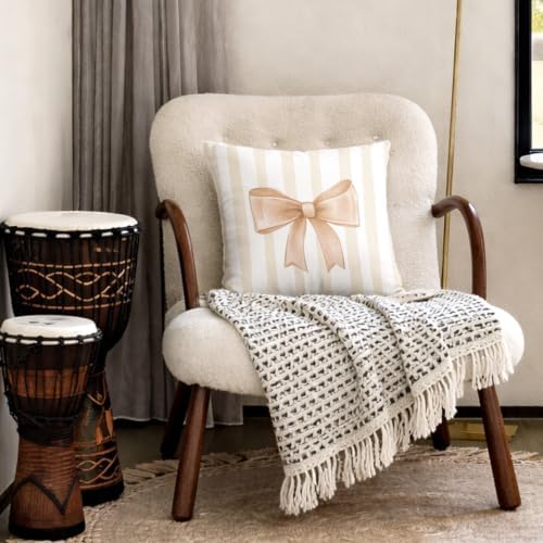 Beige Bow Decorative Throw Pillow 18x18 Inch – Cute Blush Pink Striped Pillow - Image 4