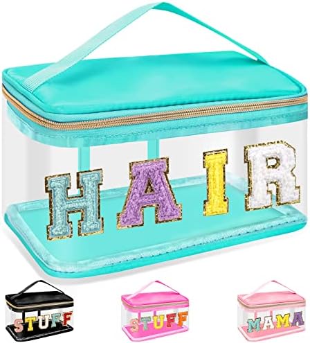 Chenille Letter Clear Makeup Bags Hair Pouch, Preppy Patch Makeup Bag Zipper by izuzta