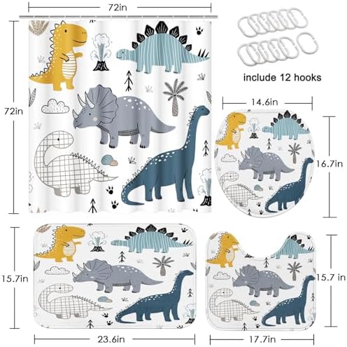 Britimes Bathroom Sets with Shower Curtain and Rugs Set of 4 Dinosaur - Image 2