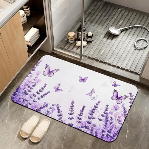 Diatomaceous Earth Bath Mat, Lavender Butterfly Bath Rugs by ZTHLL