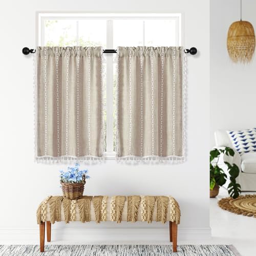 MitoVilla Boho Kitchen Curtains 24 Inch Length, 2 Panels Farmhouse Cafe by MitoVilla