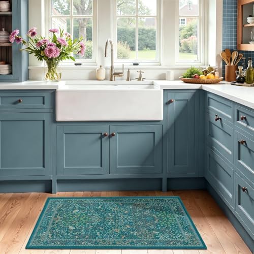 Teal Woodland Animal 2x3 Small Rug Washable Non Slip, Low Pile Thin Kitchen - Image 3