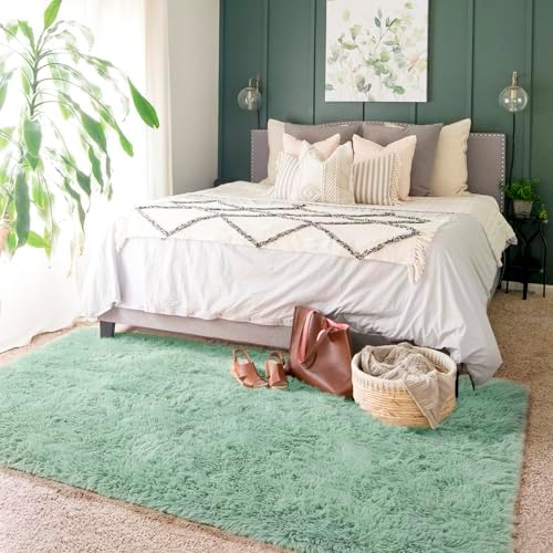 Amdrebio Sage Green Furry Area Rug 5x8 - Image 3