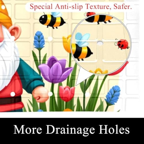 Shower Mat Non Slip 26.8 x 15.1 Inches, Spring Floral Gnome Bathtub Mat Shower - Image 2