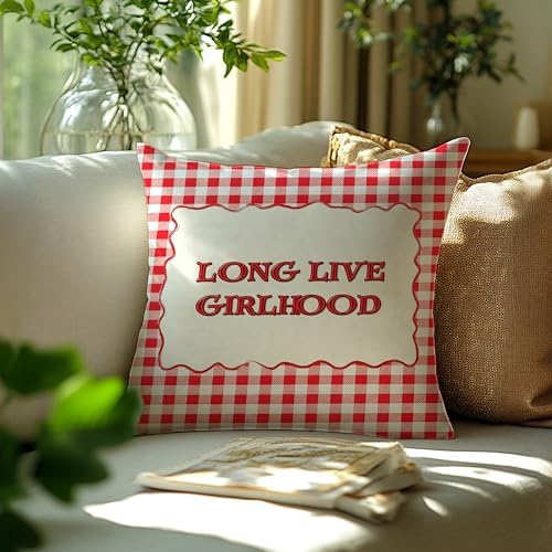 Long Live Girlhood Red Gingham Pillow Cover 18x18, Preppy Girls Playroom Room - Image 3
