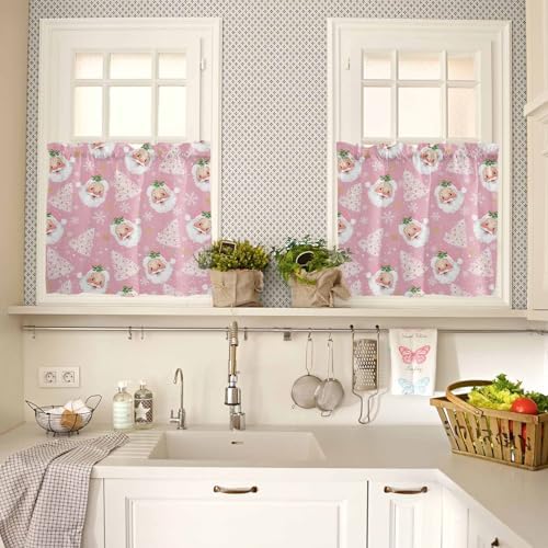 Pink Christmas Kitchen Curtains and Valances Set, Santa Claus Merry Christmas - Image 4