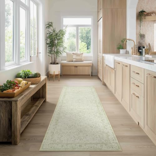 Sage Green 2x6 Runner Rug for Bathroom Washable Vintage Boho Floral Rugs by BILEEHOME