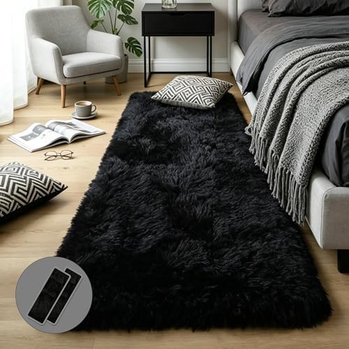 Black Fluffy Shag Rug 2x6 by KICHOWUA