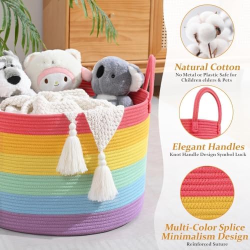 67L Large Rainbow Blanket Basket, Cotton Rope Baby Laundry Hamper - Image 3